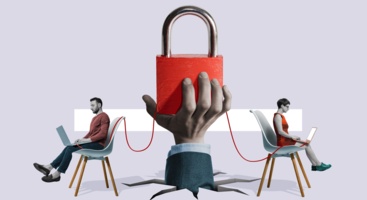 Collage zweier Menschen mit Laptops, die durch ein Kabel mit einem Schloss verbunden sind